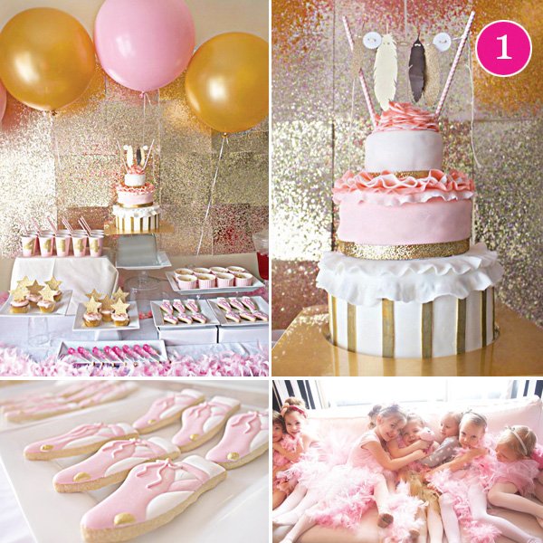 modern gold feather and pink ballet birthday party