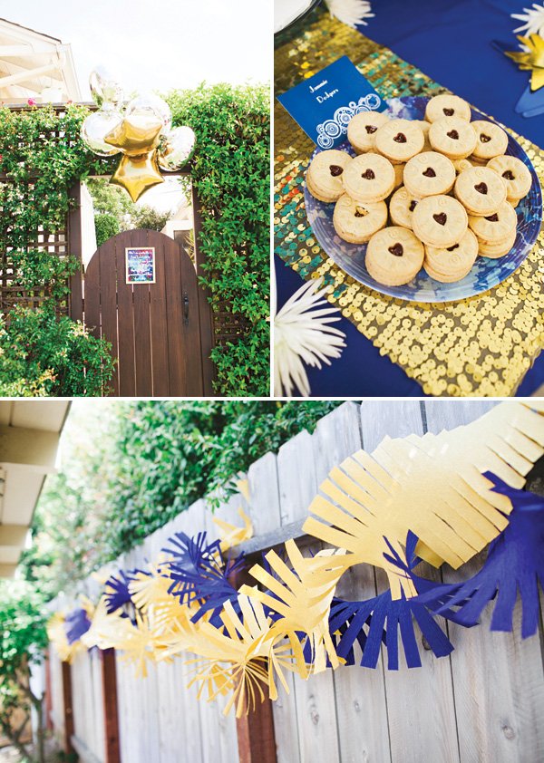 blue and gold gender neutral baby shower party decor and food