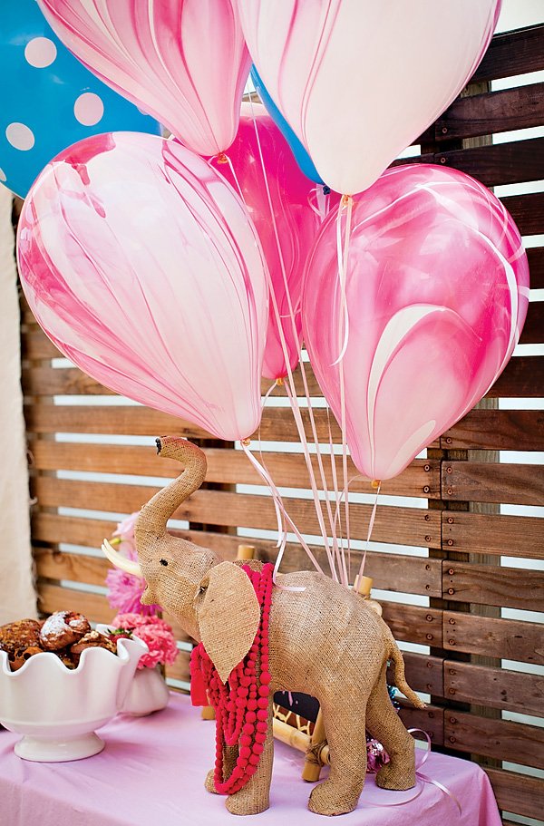 pink tie dye balloons and burlap elephant party decor