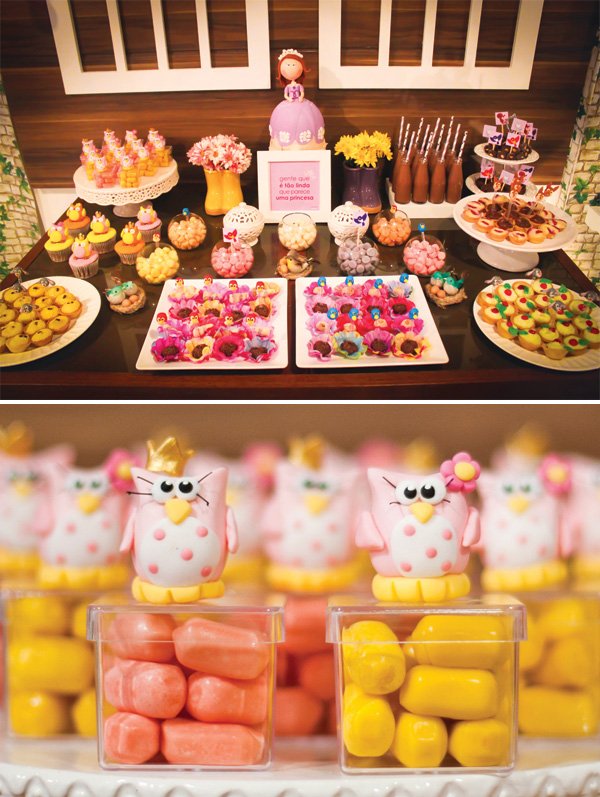 sofia the first dessert table with owl candies