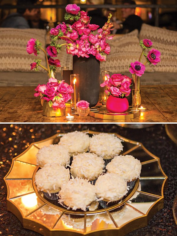 hot pink party floral arrangements and mini coconut cakes
