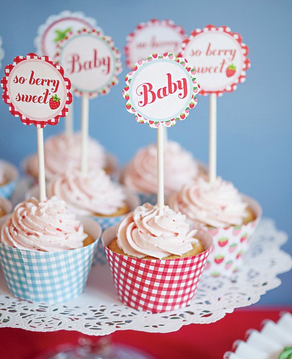 vintage strawberry cupcake party circle toppers