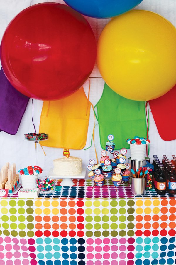rainbow art party dessert table