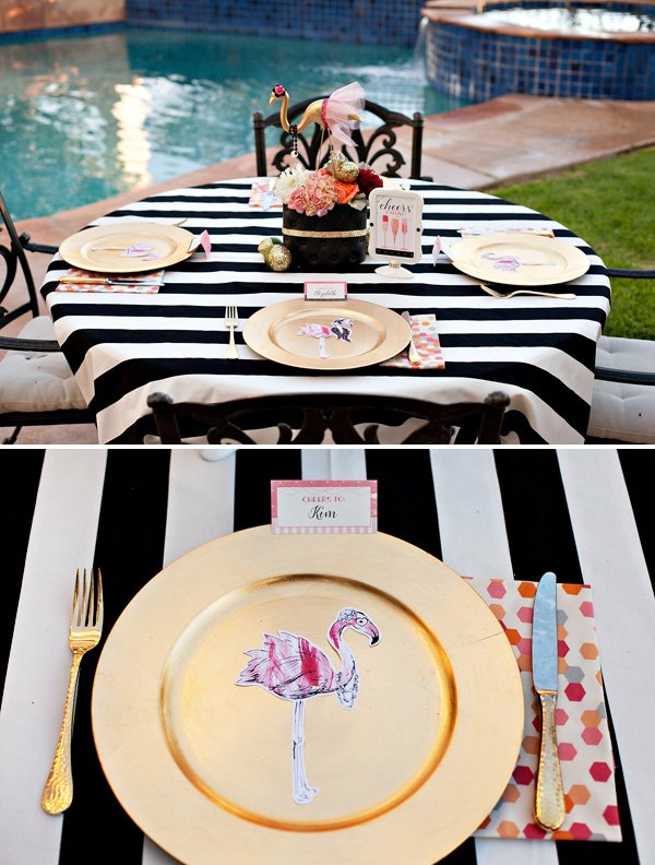 black and white flamingo party tablescape