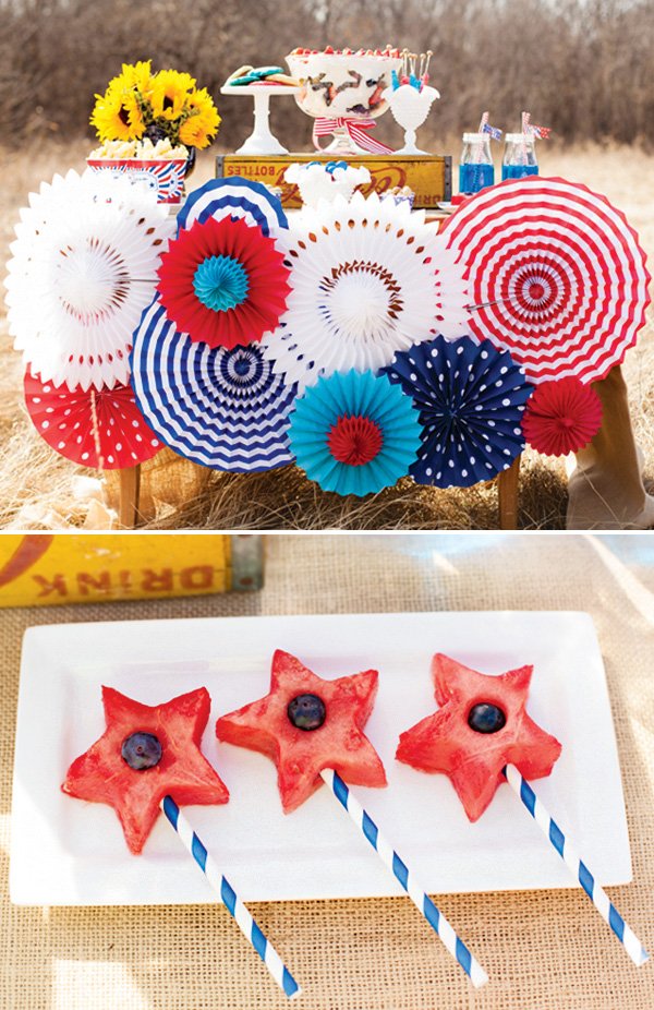 4th of july party dessert table and watermelon star skewers