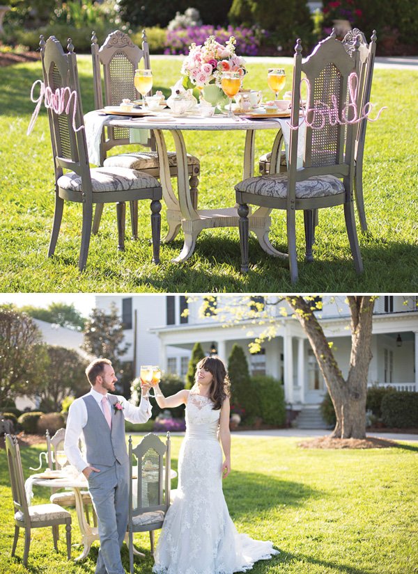 an outdoor dining table for the bride and groom at their wedding