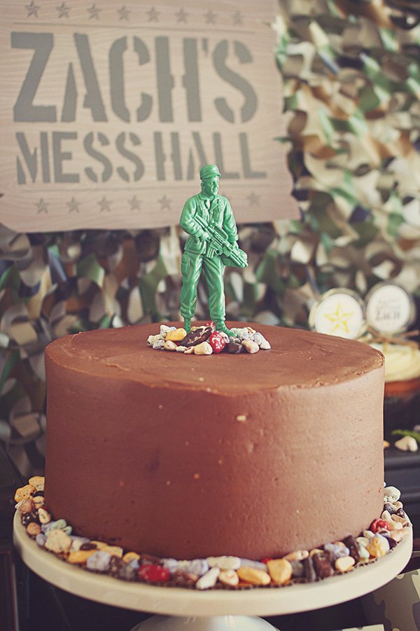 toy soldier topped chocolate rocks birthday cake
