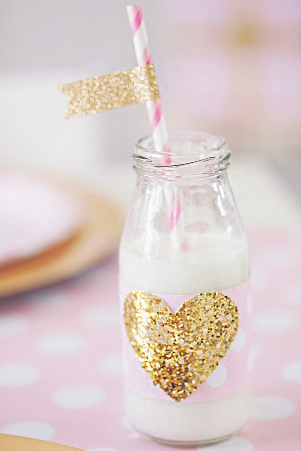 gold glitter heart milk bottles and party flags