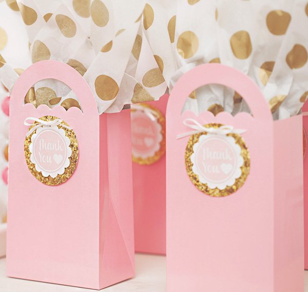 pink and gold party favor bags
