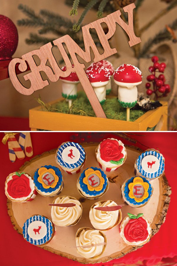 seven dwarfs laser cut wooden name signs and snow white cupcakes