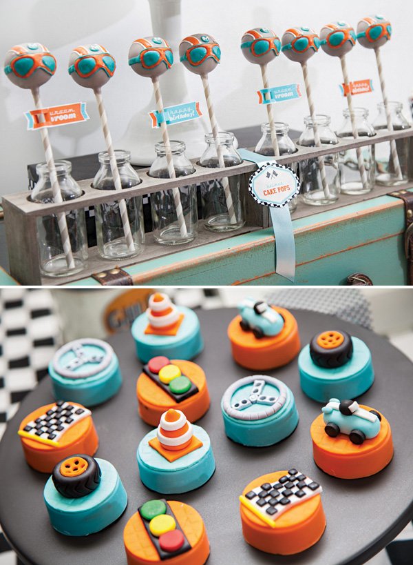 pit crew race car driver helmet cake pops and driving themed chocolate covered oreos