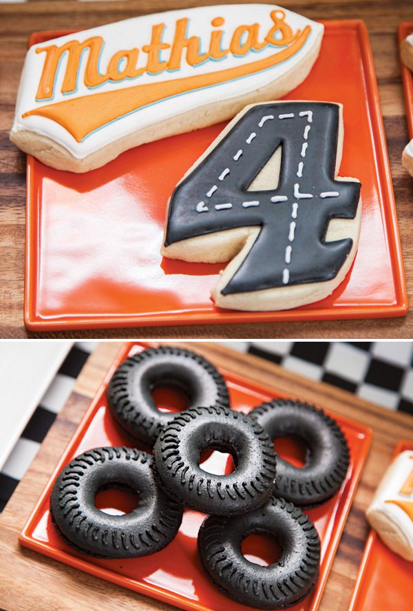 race car birthday party cookies and tire doughnuts