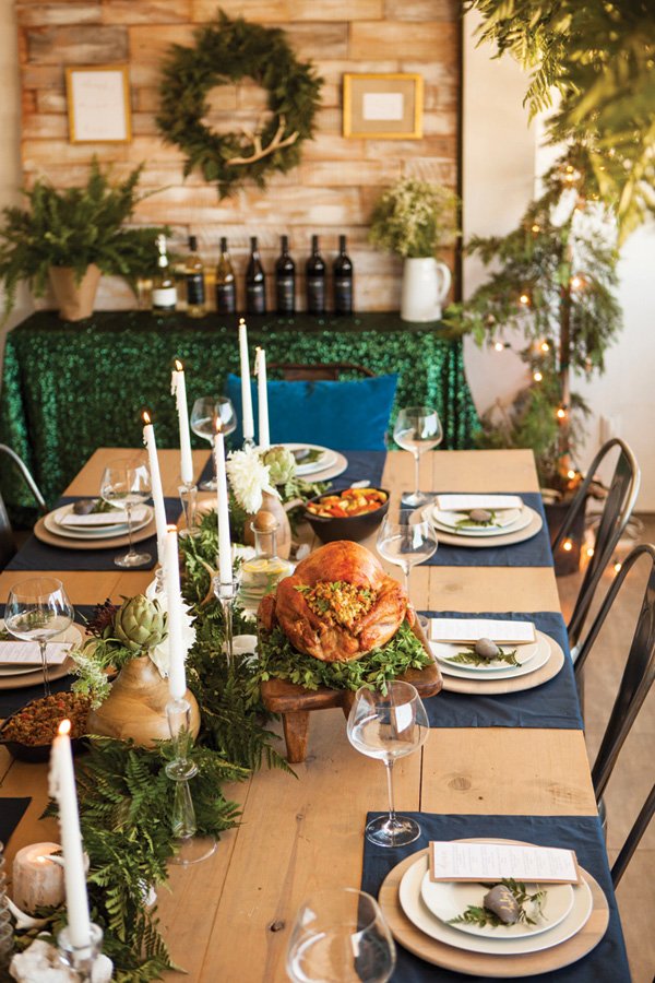sparkling rustic holiday party tablescape