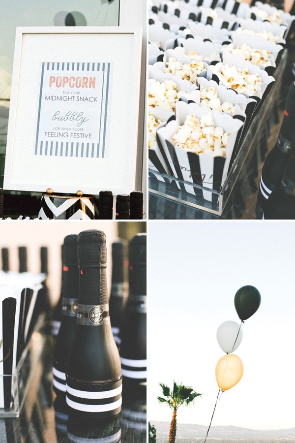 adult party popcorn bar and mini champagne bottles