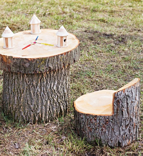 DIY wooden tree stump tables and chairs
