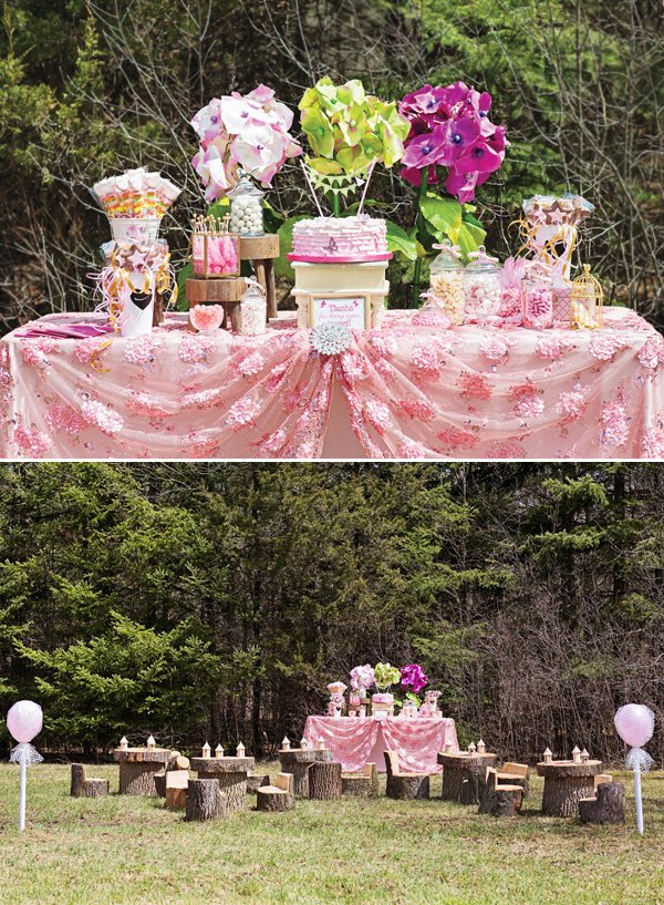 pink woodland fairy dessert table