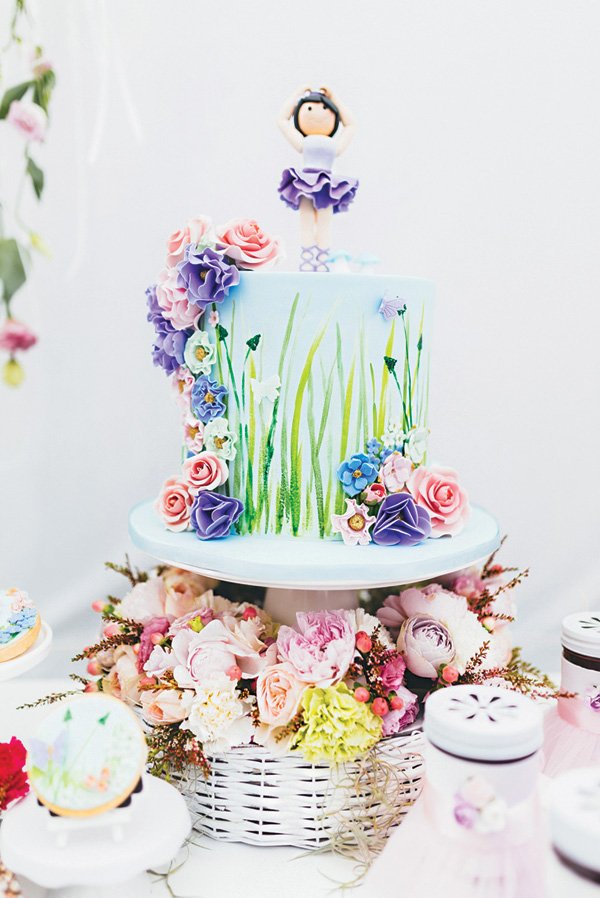 ballerina topped garden birthday cake