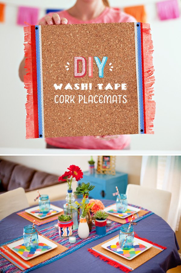DIY Washi Tape and Cork Tile Placemats with Tissue Fringe