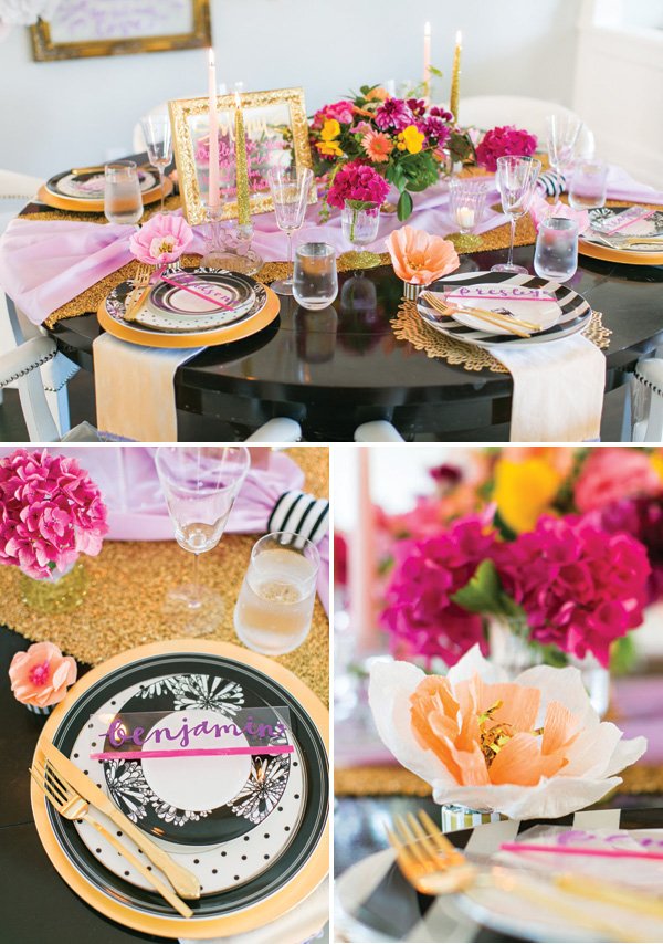 black and white with pops of color for an engagement dinner party tablescape