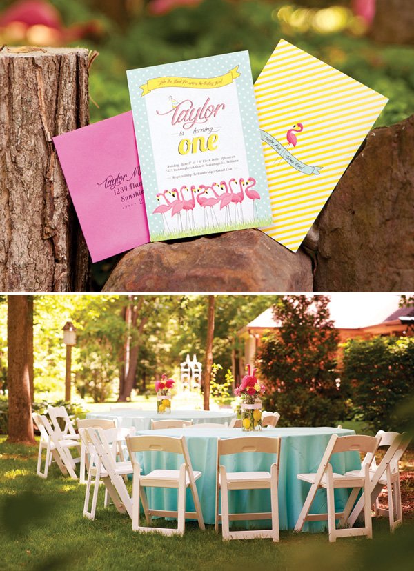 tropical flamingo first birthday party invitation and tablescape