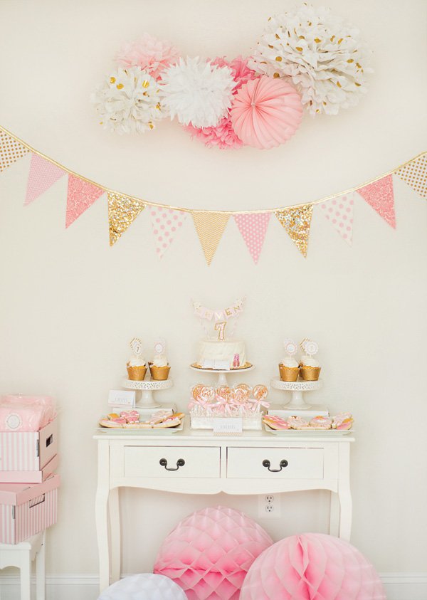gold and pink birthday party dessert table