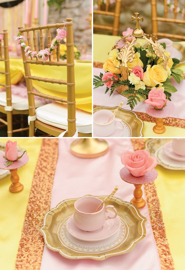 pink and yellow princess tablescape and place settings