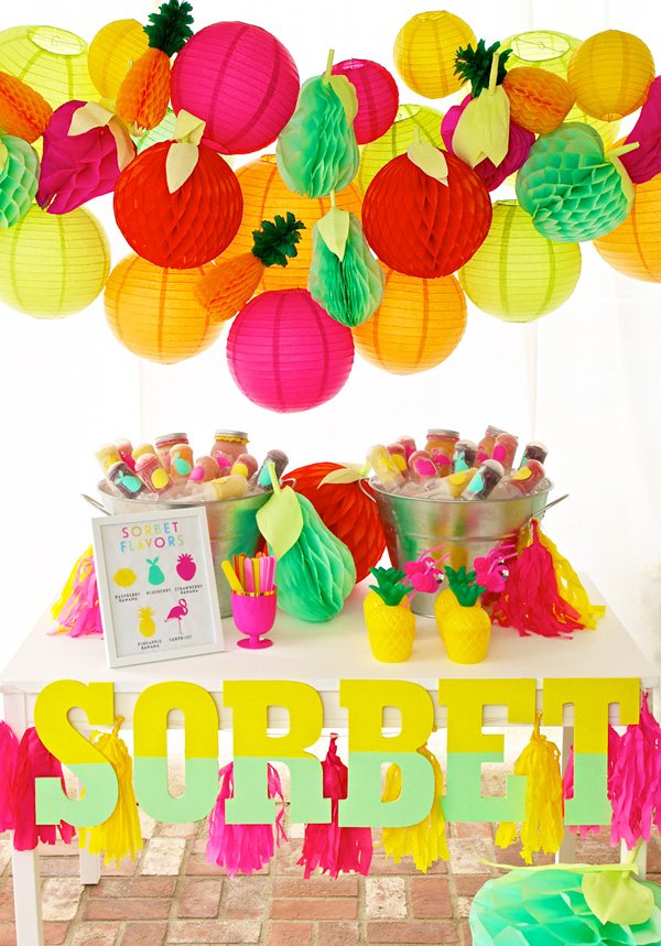 summer fruity sorbet table with fruit poms