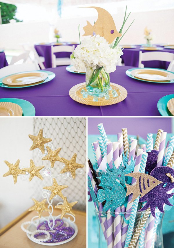 gold and purple mermaid or under the sea birthday party tablscape