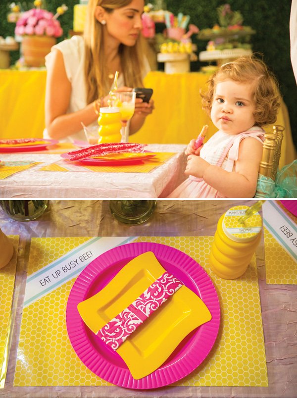 pink and yellow birthday party place settings