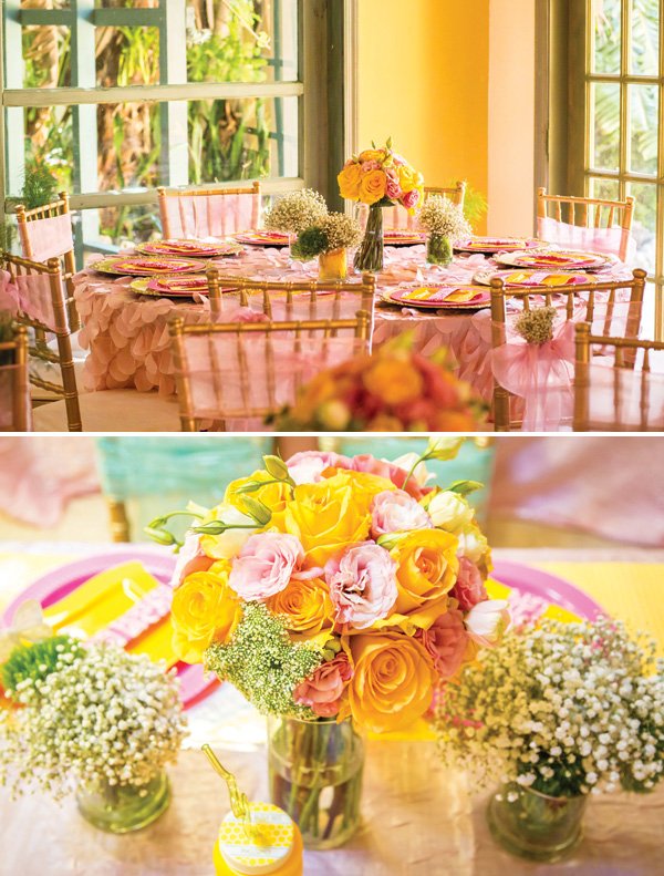 pink and yellow garden birthday party tablescape
