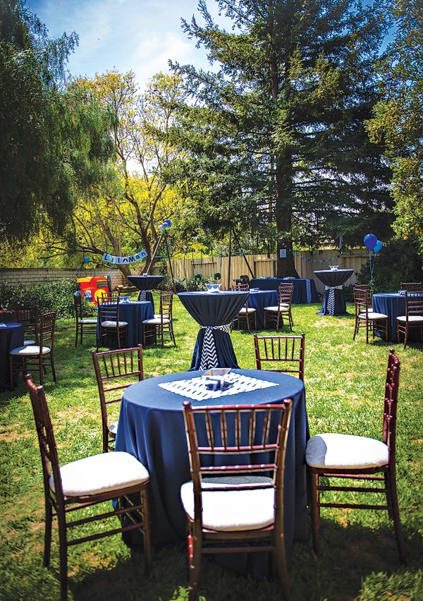 navy and white chevron party tables