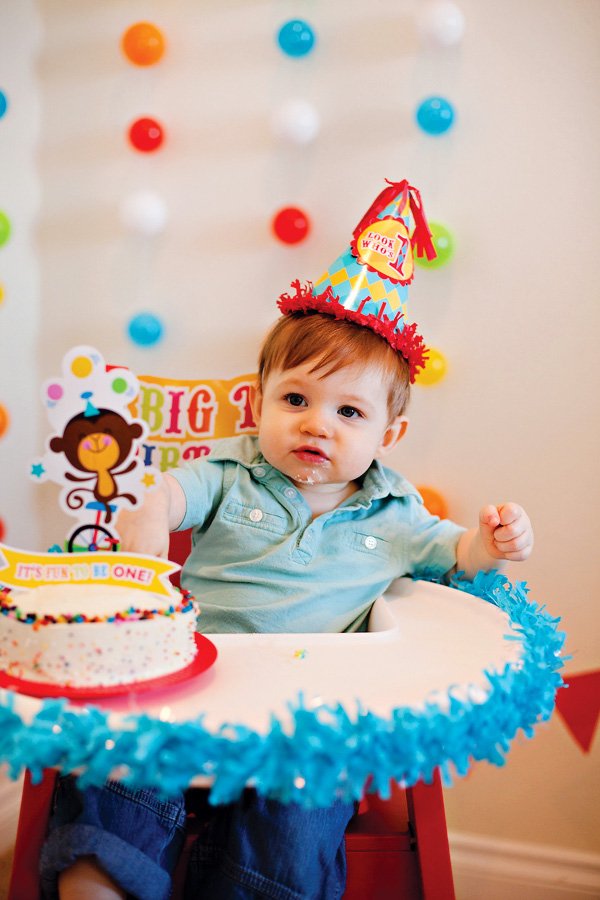 Circus First Birthday Party smash cake & high chair