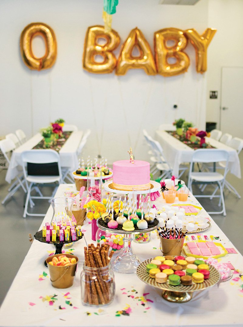 pink and gold baby shower dessert table