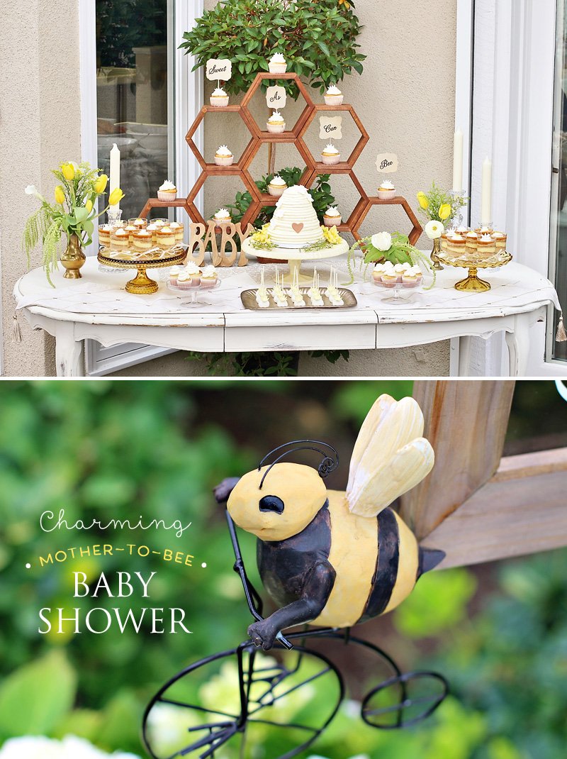 bee themed baby shower dessert table and cake
