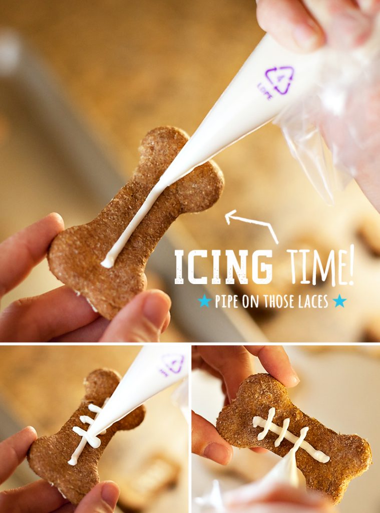 Decorating homemade dog biscuits to look like footballs