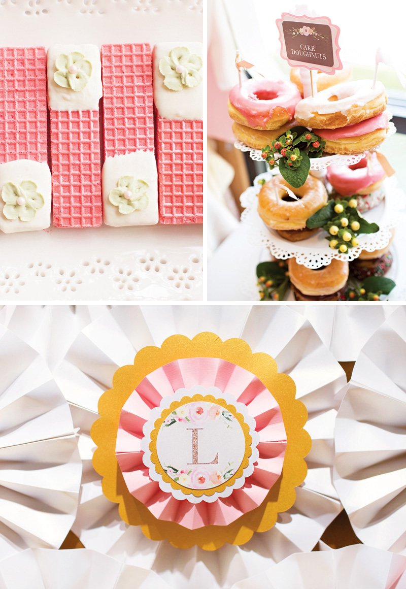 pink and white wedding desserts like a doughnut tower