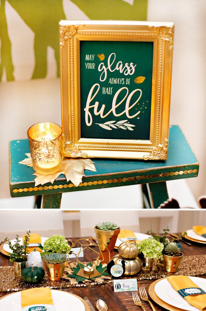 Green and Gold Thanksgiving Table and Decorations