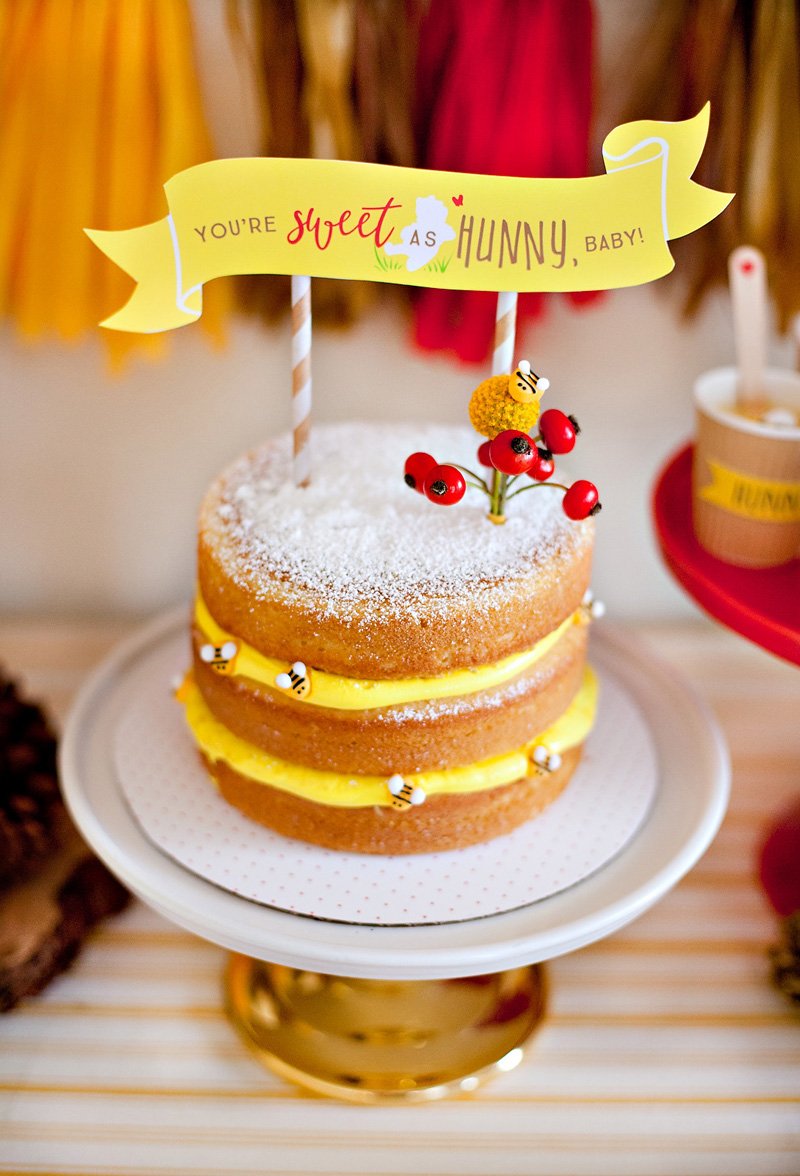 Winnie the Pooh inspired naked layer cake with sugar bees and free printable cake topper