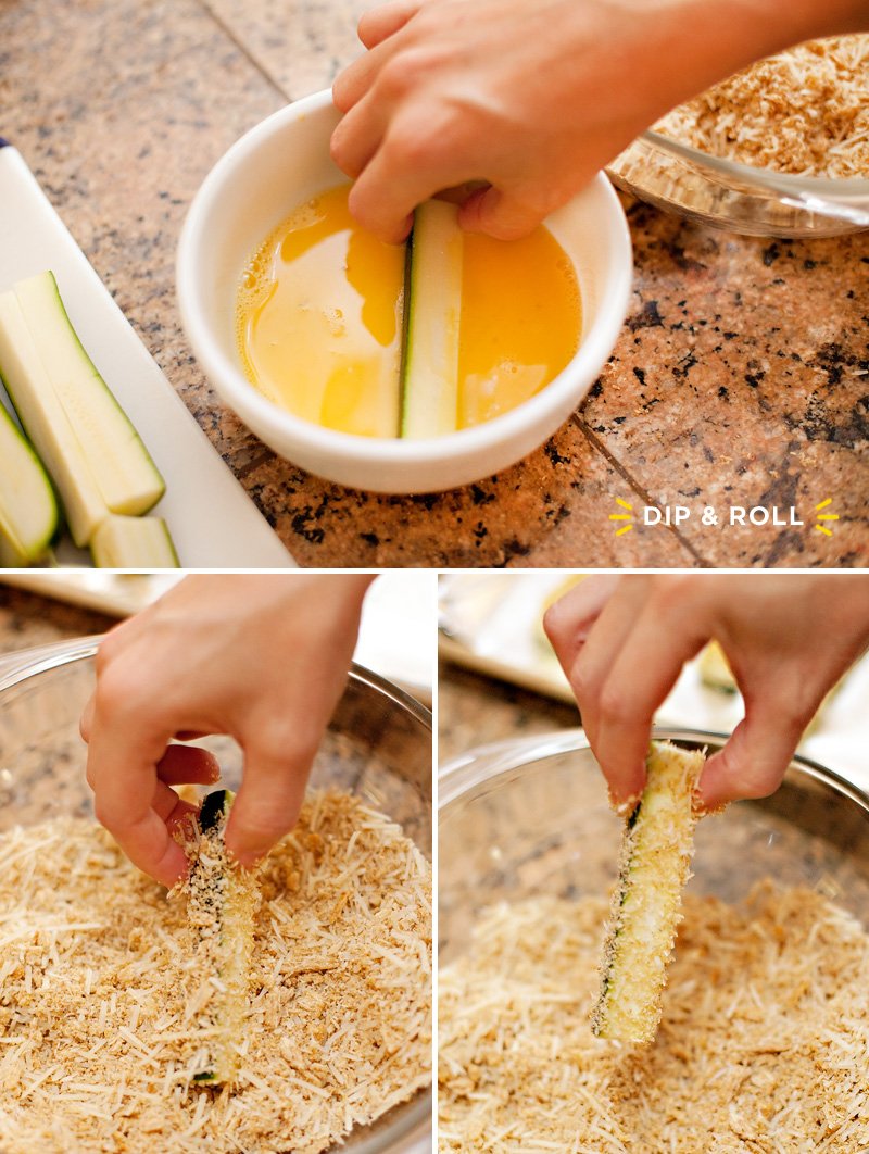 Dipping and Rolling the Zucchini Sticks