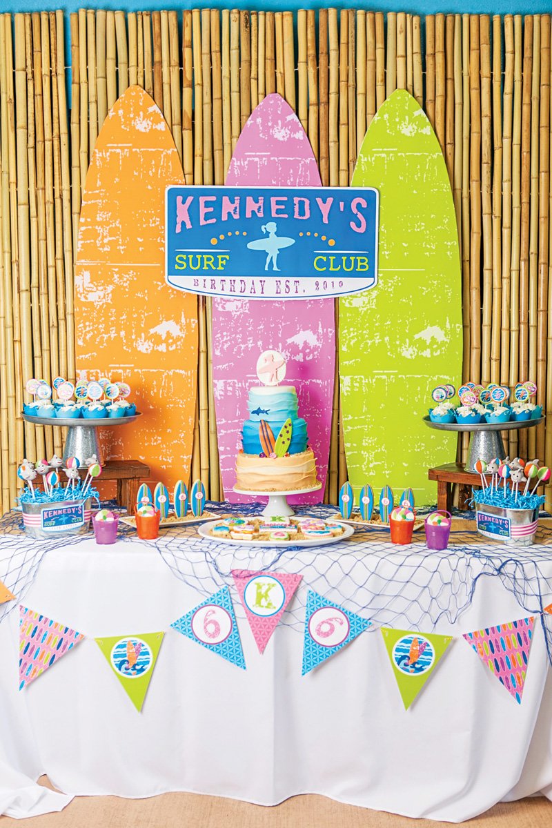 surfing themed birthday party dessert table