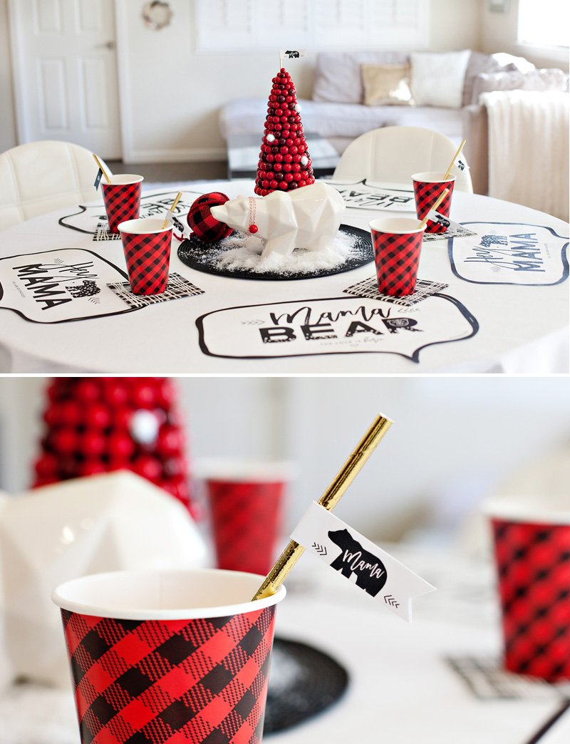 polar bear holiday table with red, black, and white