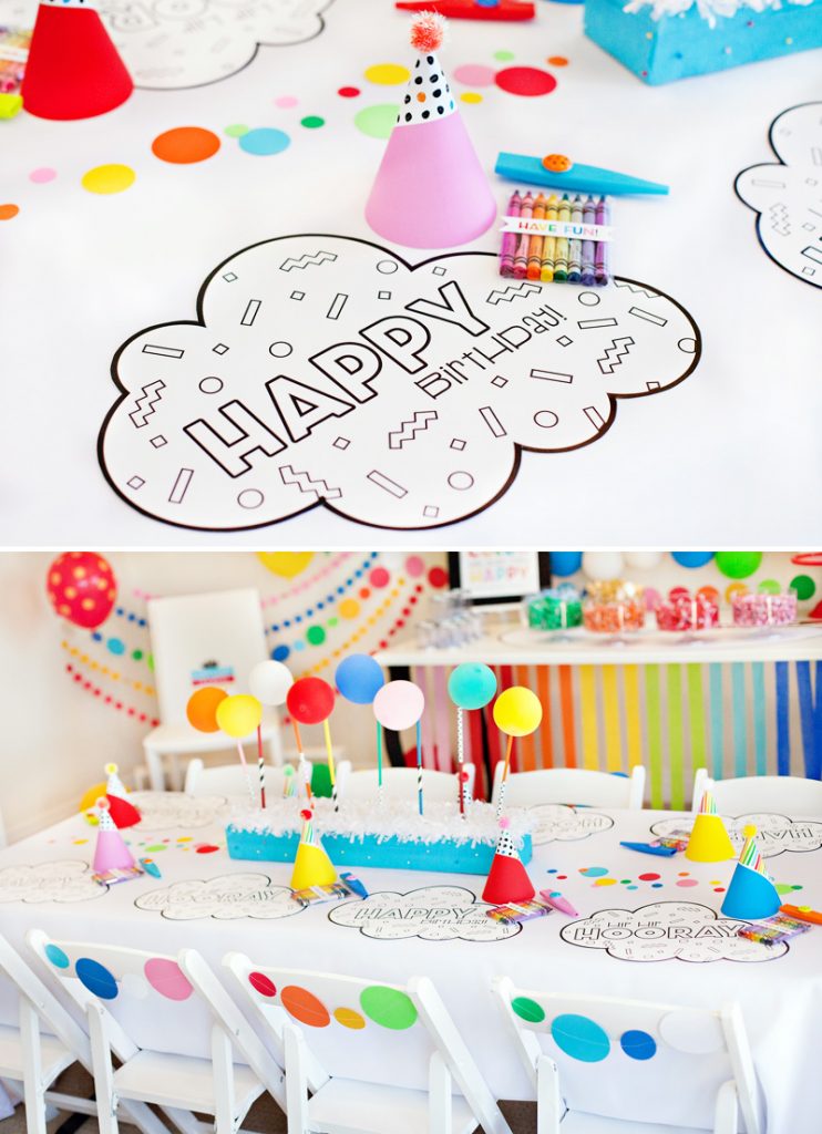 rainbow party kids table and coloring placemats
