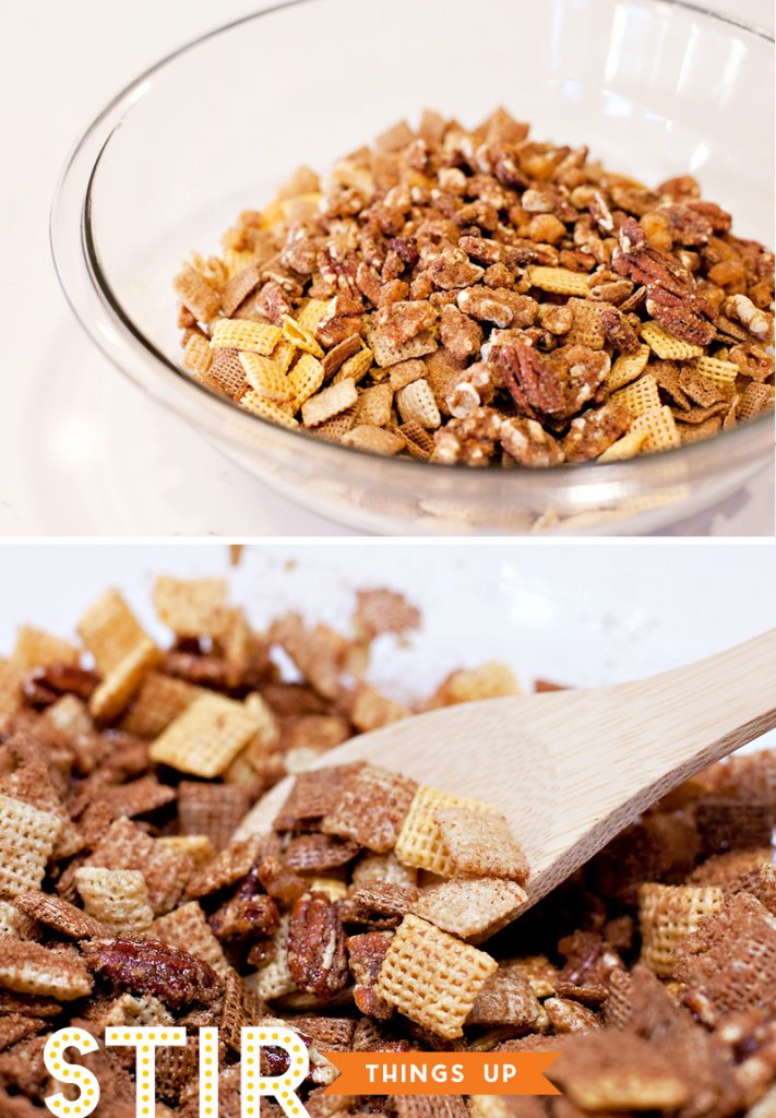 Mixing the Chex and Pecans
