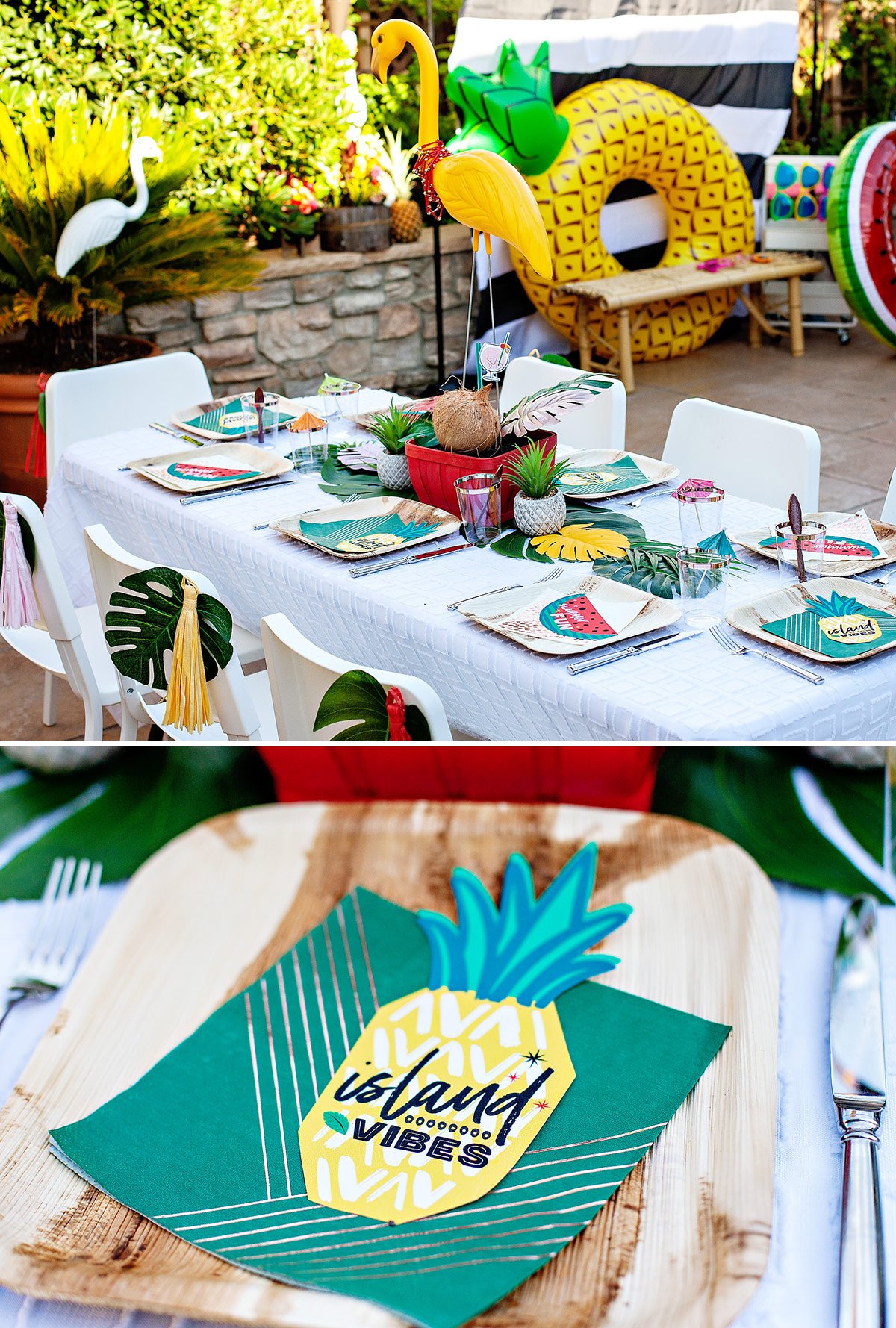 tropical party table and place settings