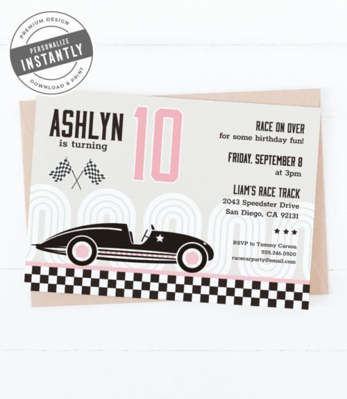 Vintage Race Car Pink Birthday Party Invitation