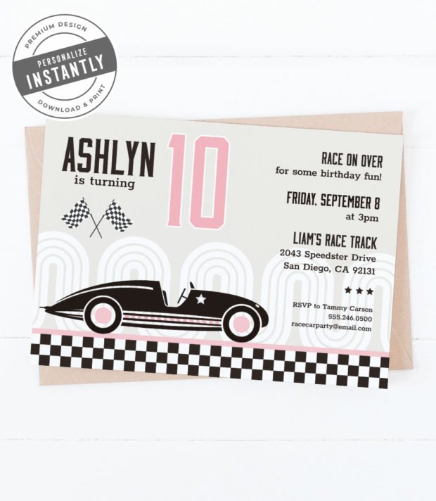 Vintage Race Car Pink Birthday Party Invitation