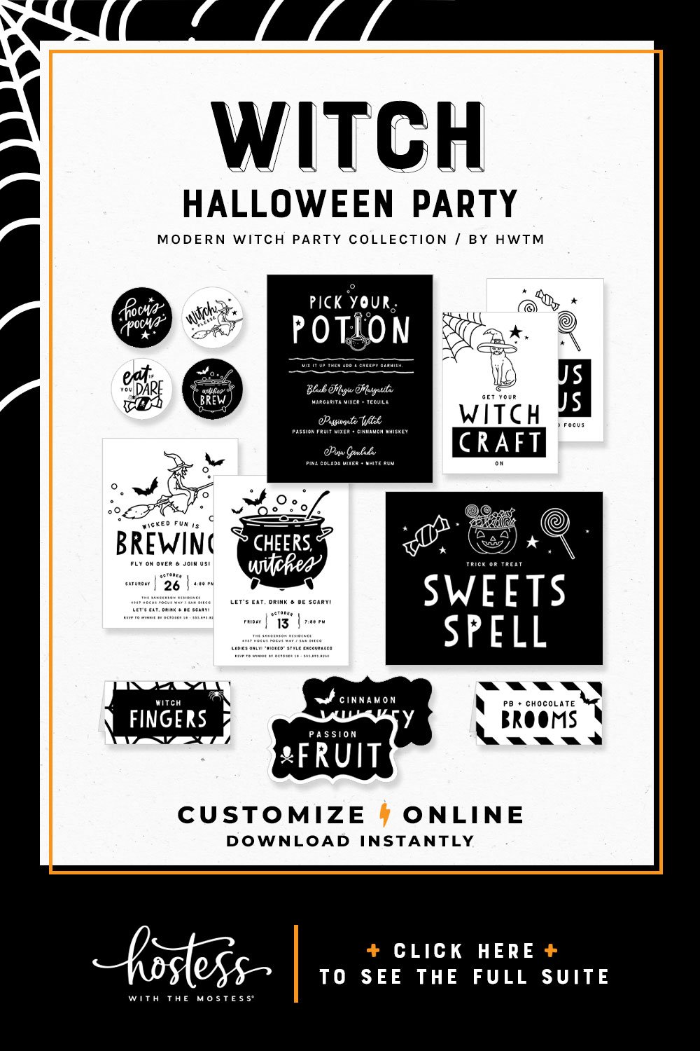 Imprimibles de fiesta de Halloween de bruja moderna
