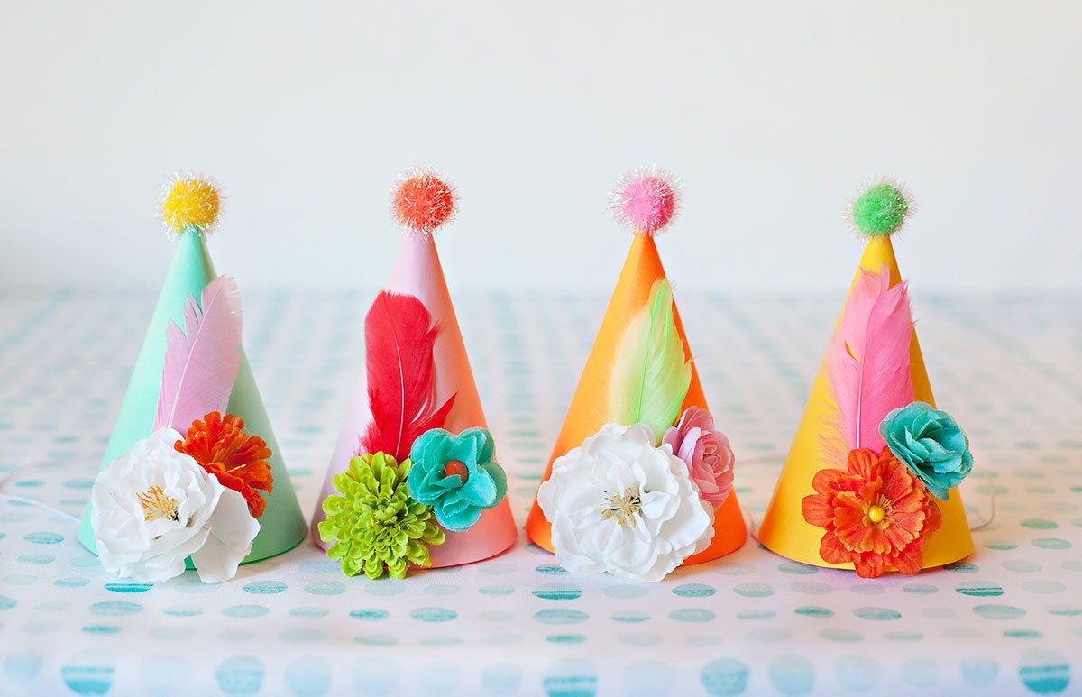 Colorful Party Hats with Flowers and Feathers