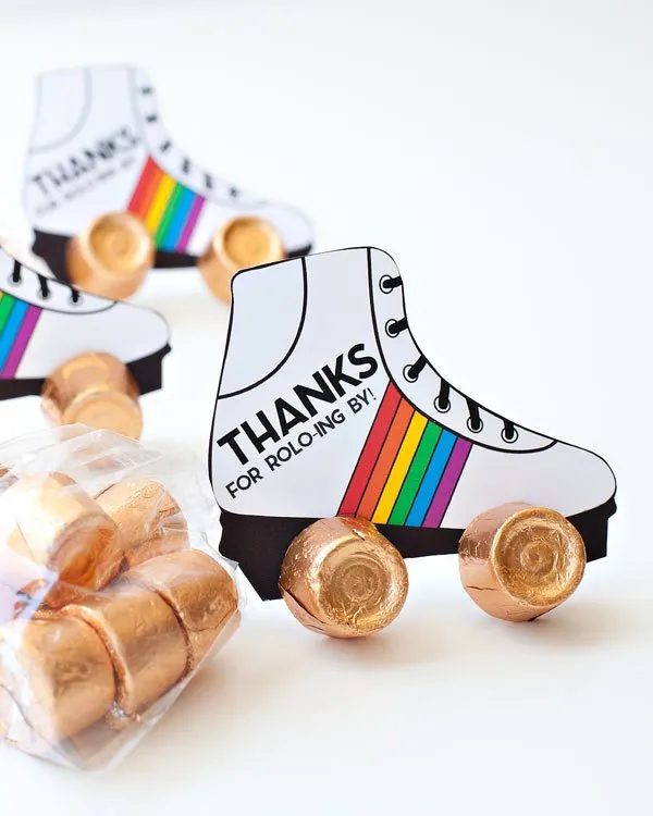 roller skate birthday party favors with Rolos - close up