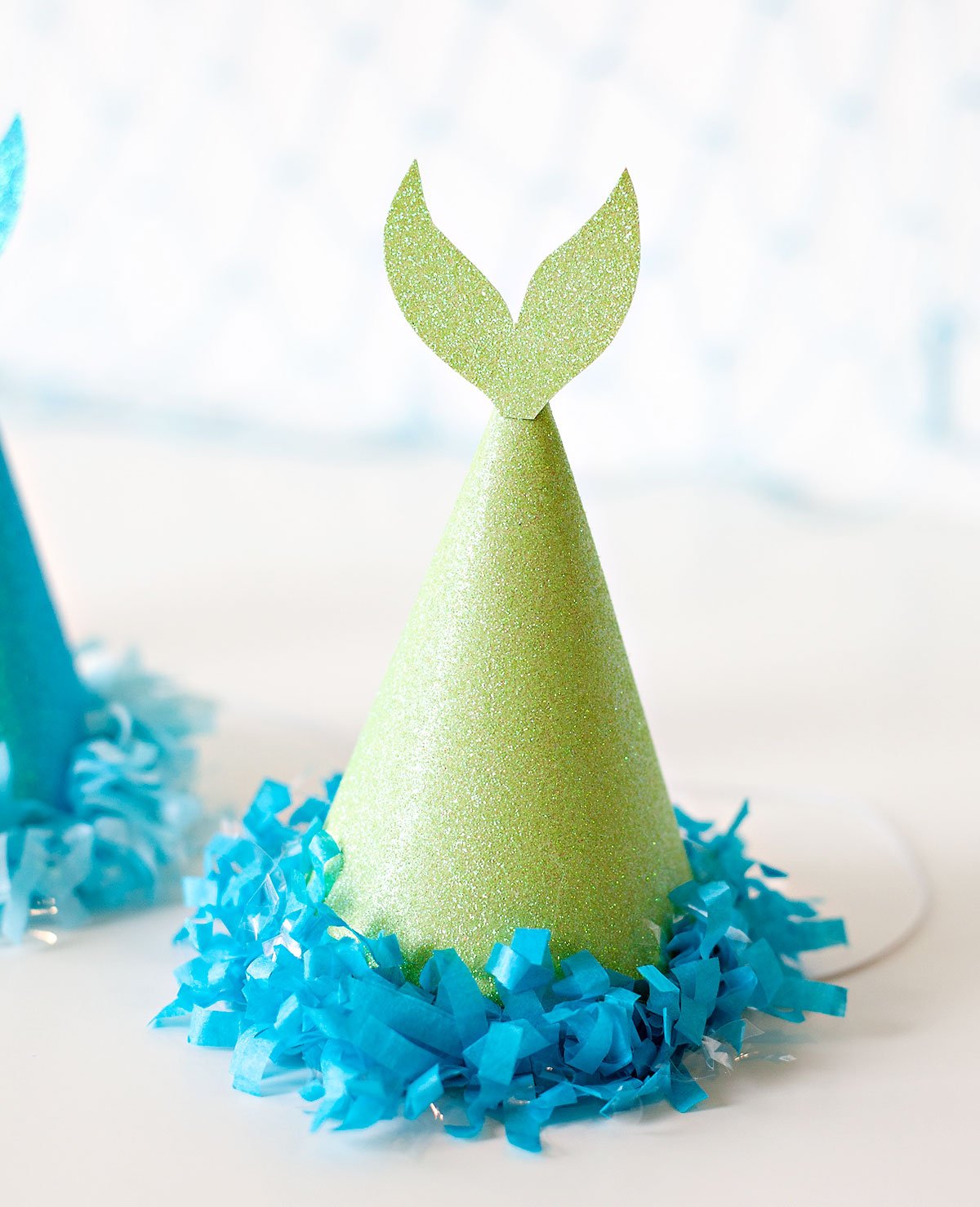 mermaid birthday party hat with blue fringe